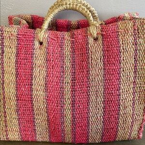 Unbranded Handwoven Women’s Pink and Tan Stripes Straw Mini Tote Bag.